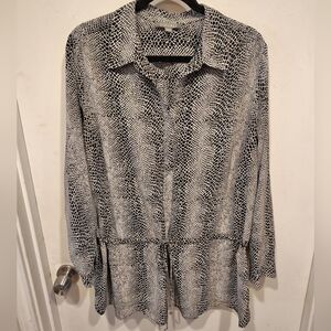 Roz & Ali Black & White Geometric Cinch Waist Tunic Top 1X Casual Career Artsy